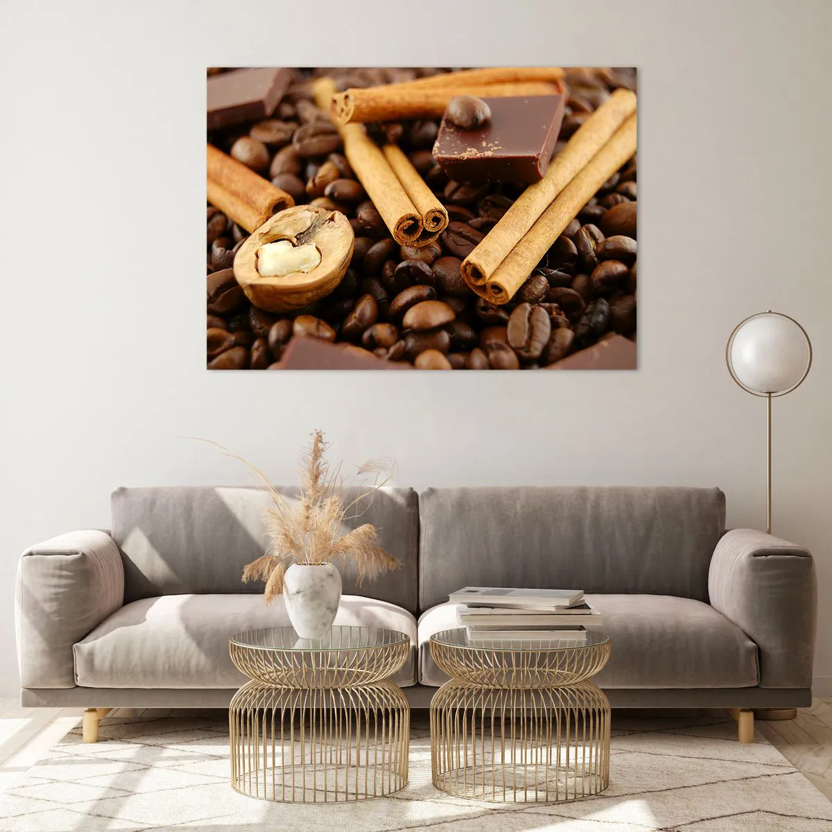 Impression sur verre - Image sur verre - Gros plan sur le café, la cannelle, le chocolat et les noix - 100x70cm - Concert d'aromates - Décoration murale moderne pour le salon et la chambre ARTTOR