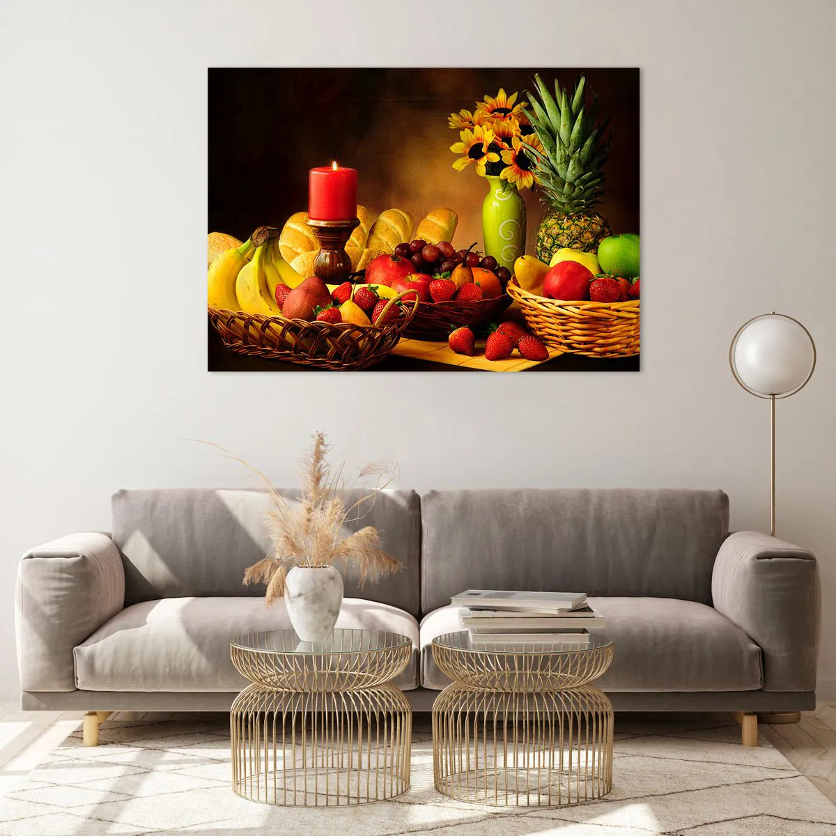 Obraz na szkle - Kompozycja owoców, pieczywa i świecy w rustykalnym stylu - 100x70cm - Martwa natura z pieczywem i owocami - Nowoczesna dekoracja ścienna do salonu, kuchni i sypialni ARTTOR