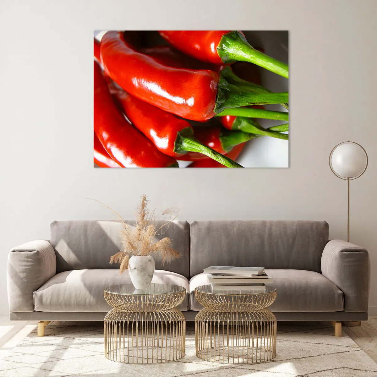 Quadro su vetro - Peperoncini rossi con gambi verdi - 100x70cm - Succosi, lisci e lucenti - Decorazione murale moderna per soggiorno e camera da letto ARTTOR