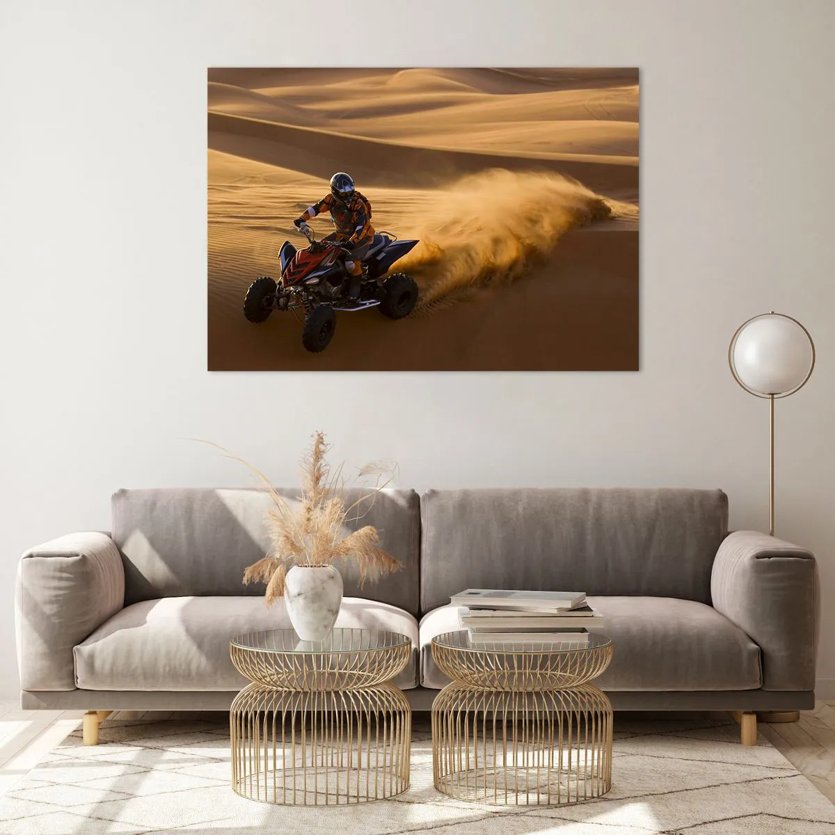 Obraz na szkle - Quad w akcji na pustyni o zachodzie słońca - 100x70cm - Na falach piasku - Nowoczesna dekoracja ścienna do salonu, kuchni i sypialni ARTTOR