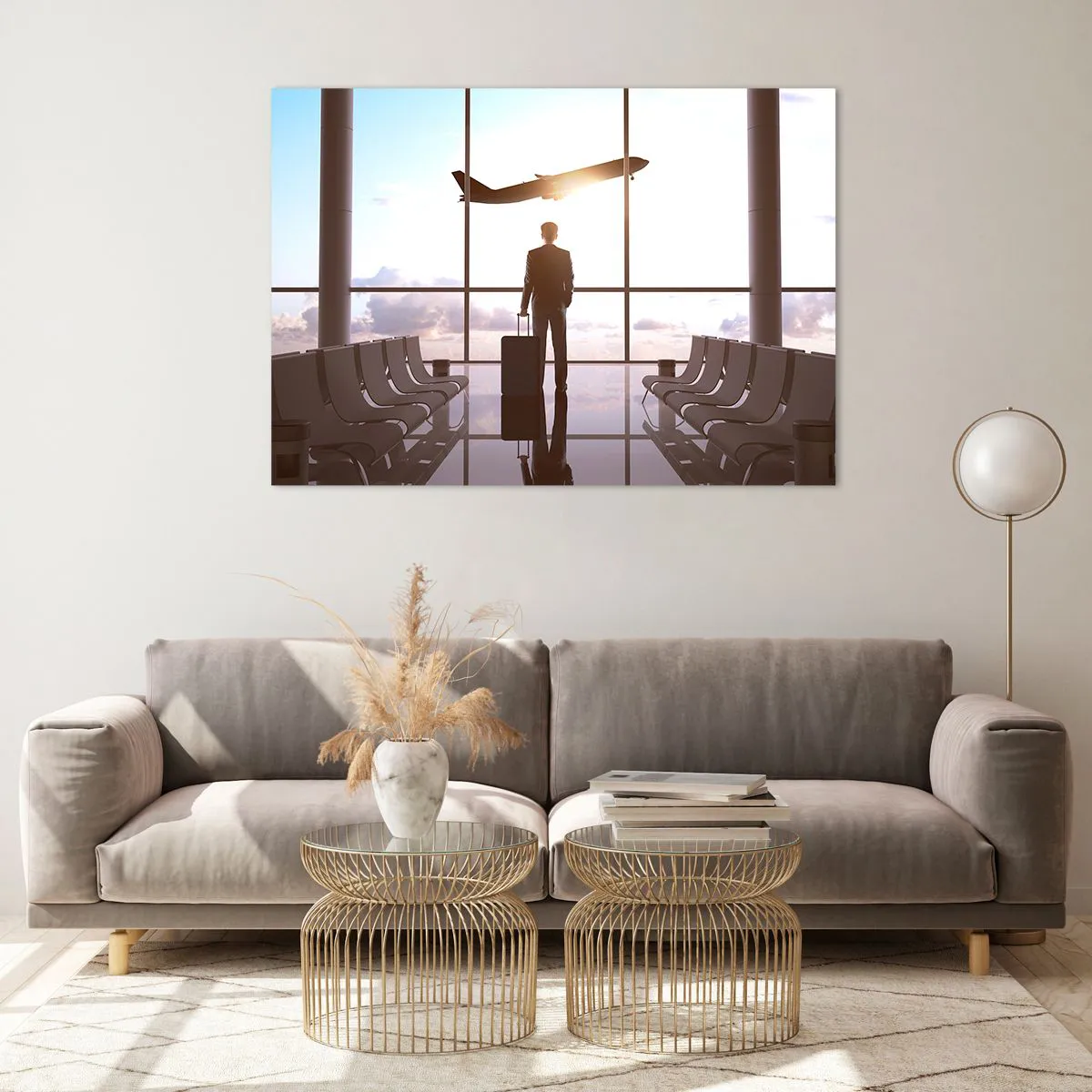 Glasbild - Bild auf glas - Ein Mann mit einem Koffer am Flughafen beobachtet ein startendes Flugzeug. - 100x70cm - Du hast Zeit, lass dir Zeit - Moderne Wanddekoration für Wohnzimmer und Schlafzimmer ARTTOR