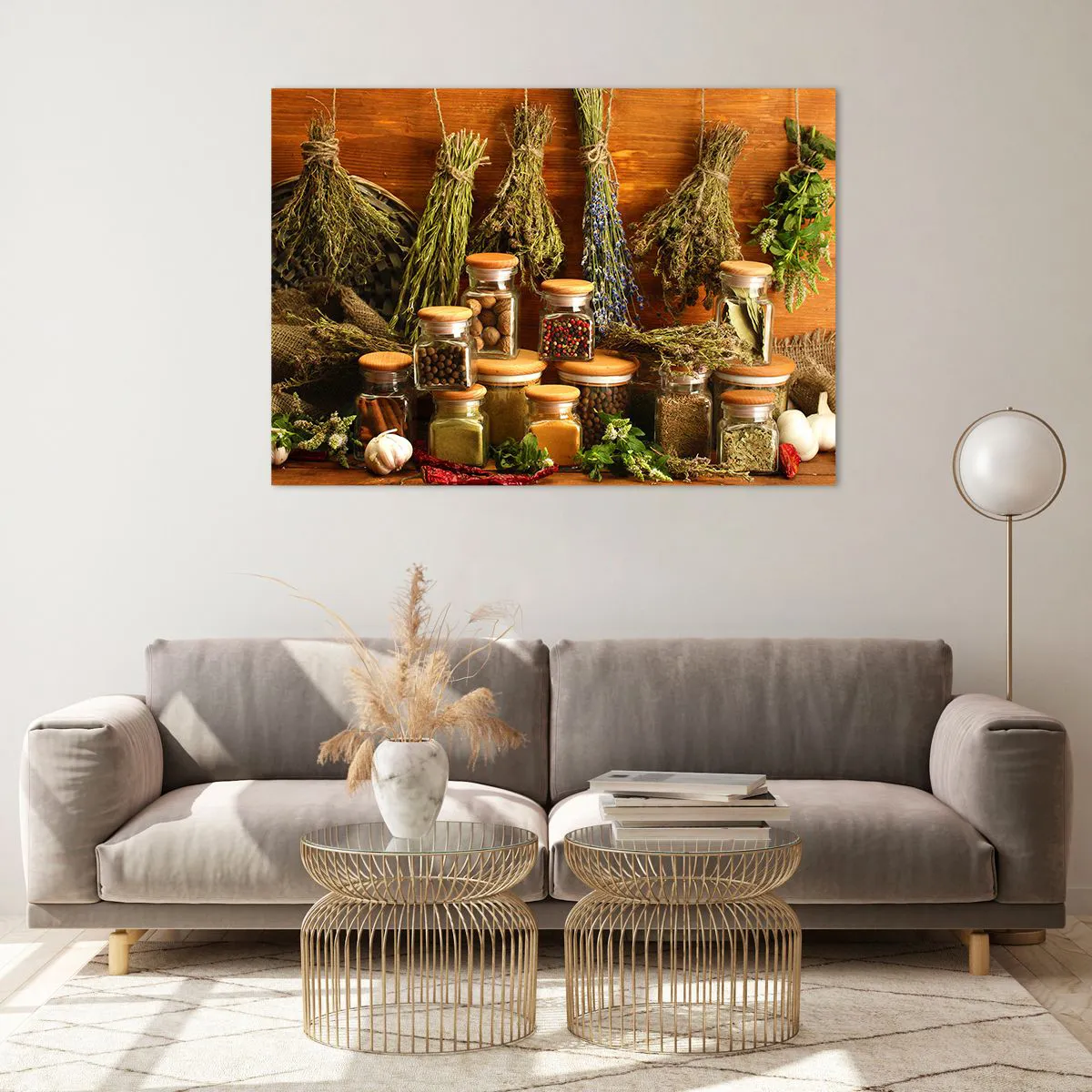 Quadro su vetro - Erbe e spezie in barattoli su fondo in legno - 100x70cm - Magie di cucina - Decorazione murale moderna per soggiorno e camera da letto ARTTOR