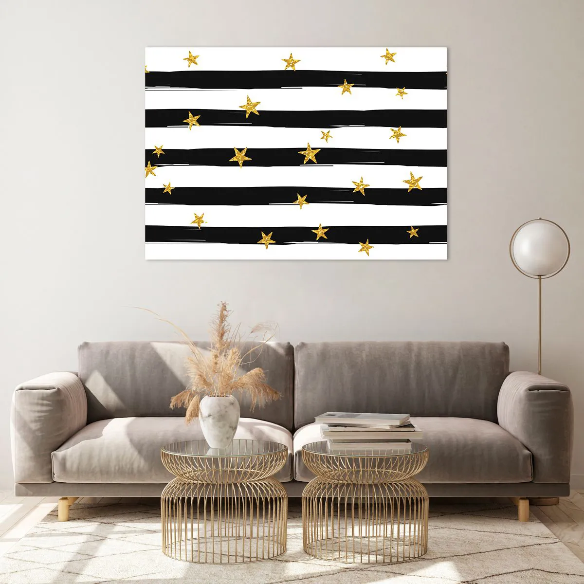Impression sur verre - Image sur verre - Rayures noires et blanches avec étoiles dorées - 100x70cm - Nous sommes tous nés sous une bonne étoile - Décoration murale moderne pour le salon et la chambre ARTTOR