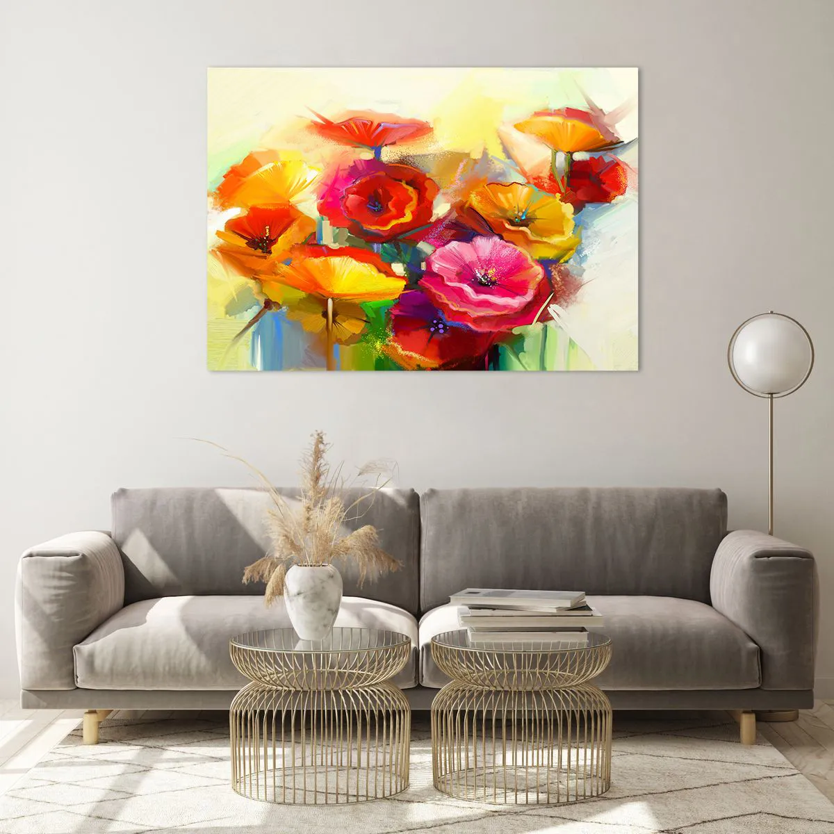 Glasbild - Bild auf glas - Bunte Mohnblumen in leuchtenden Farben - 100x70cm - Nicht nur rot - Moderne Wanddekoration für Wohnzimmer und Schlafzimmer ARTTOR