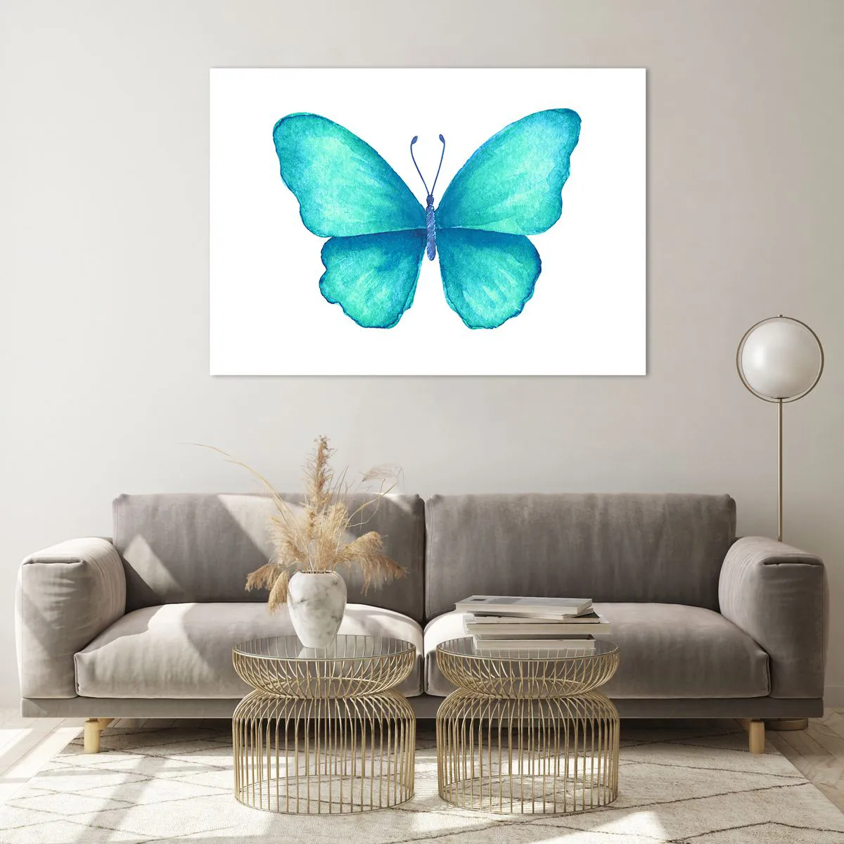 Glasbild - Bild auf glas - Blauer Schmetterling im Aquarellstil auf weißem Hintergrund - 100x70cm - Türkis von Natur aus - Moderne Wanddekoration für Wohnzimmer und Schlafzimmer ARTTOR