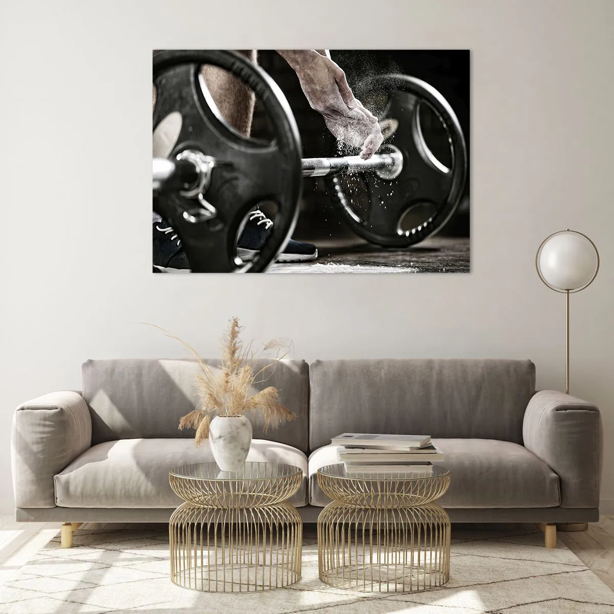 Cuadro sobre vidrio - Impresiones sobre Vidrio - Levantamiento de pesas con tiza en las manos y una barra - 100x70cm - ¡Reto aceptado! - Decoración de pared moderna para salón y dormitorio ARTTOR