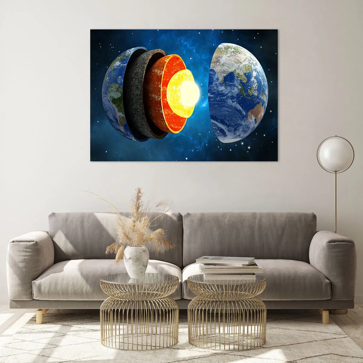 Obraz na szkle - Przekrój Ziemi ukazujący jej warstwy na tle kosmosu - 100x70cm - Wyprawa do wnętrz Ziemi - Nowoczesna dekoracja ścienna do salonu, kuchni i sypialni ARTTOR