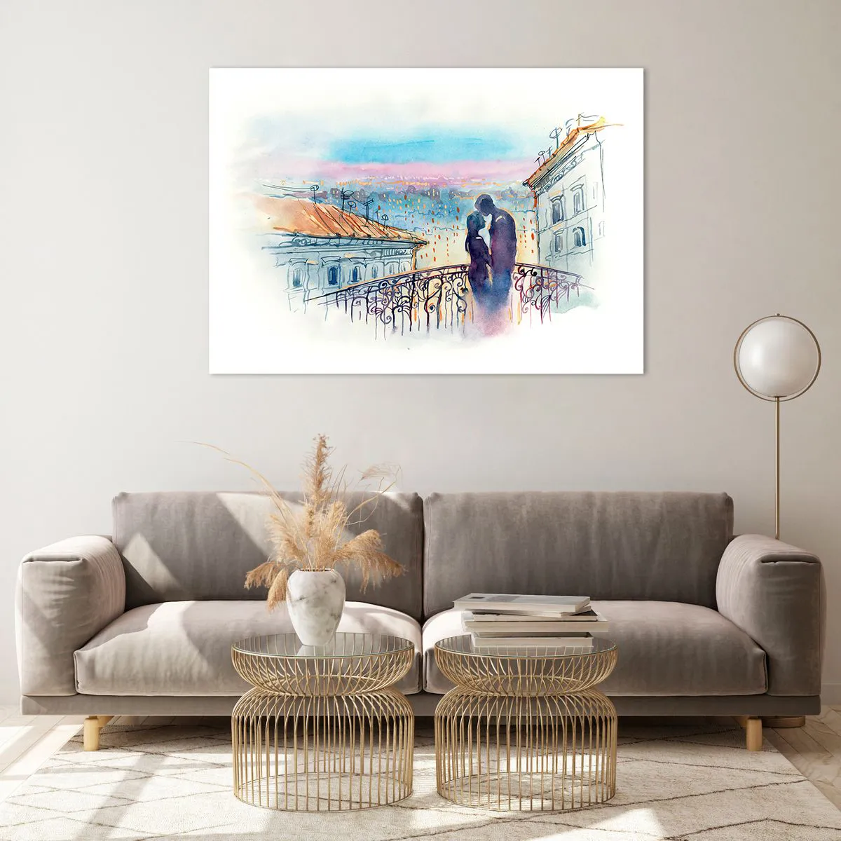 Quadro su vetro - Coppia sul balcone che si gode un romantico tramonto - 100x70cm - Amanti parigini - Decorazione murale moderna per soggiorno e camera da letto ARTTOR