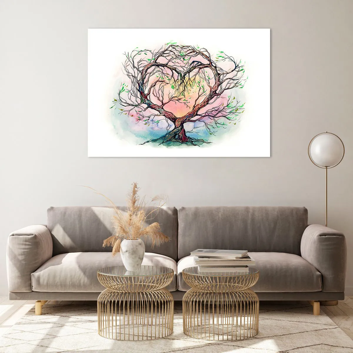 Impression sur verre - Image sur verre - Un arbre en forme de cœur avec un fond coloré et pastel - 100x70cm - Ensemble contre les tempêtes - Décoration murale moderne pour le salon et la chambre ARTTOR