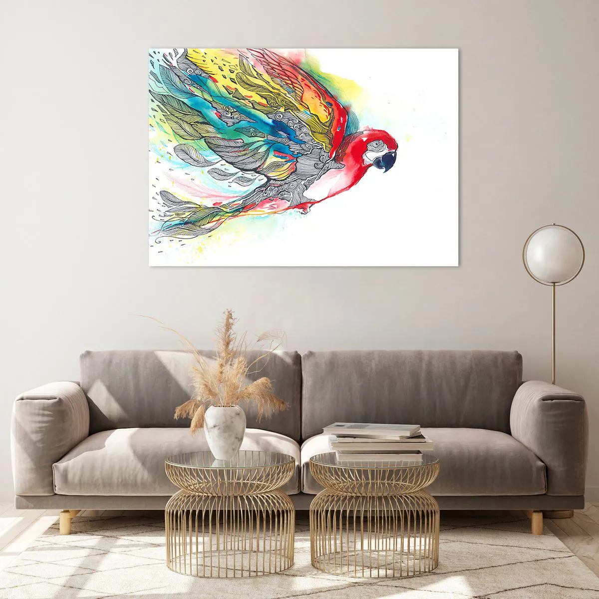 Impression sur verre - Image sur verre - Perroquet coloré avec des ailes et des détails artistiques - 100x70cm - Vivez haut en couleurs - Décoration murale moderne pour le salon et la chambre ARTTOR