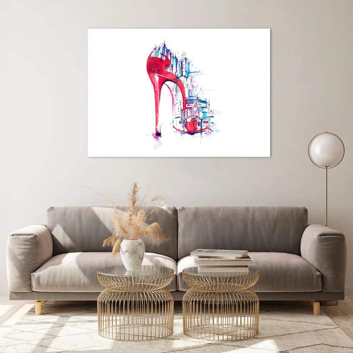 Impression sur verre - Image sur verre - Stiletto rouge avec un motif d'architecture urbaine - 100x70cm - L'élégance des grandes villes - Décoration murale moderne pour le salon et la chambre ARTTOR