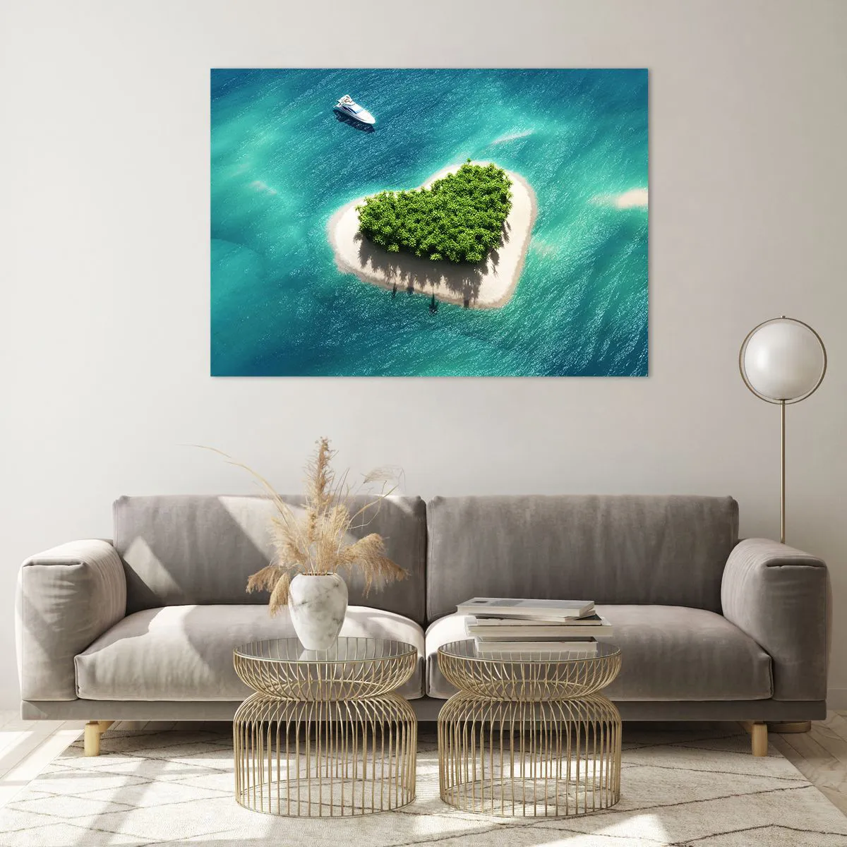 Cuadro sobre vidrio - Impresiones sobre Vidrio - Ilustración de una isla en forma de corazón con un barco contra un mar turquesa - 100x70cm - Me encanta el verano - Decoración de pared moderna para salón y dormitorio ARTTOR