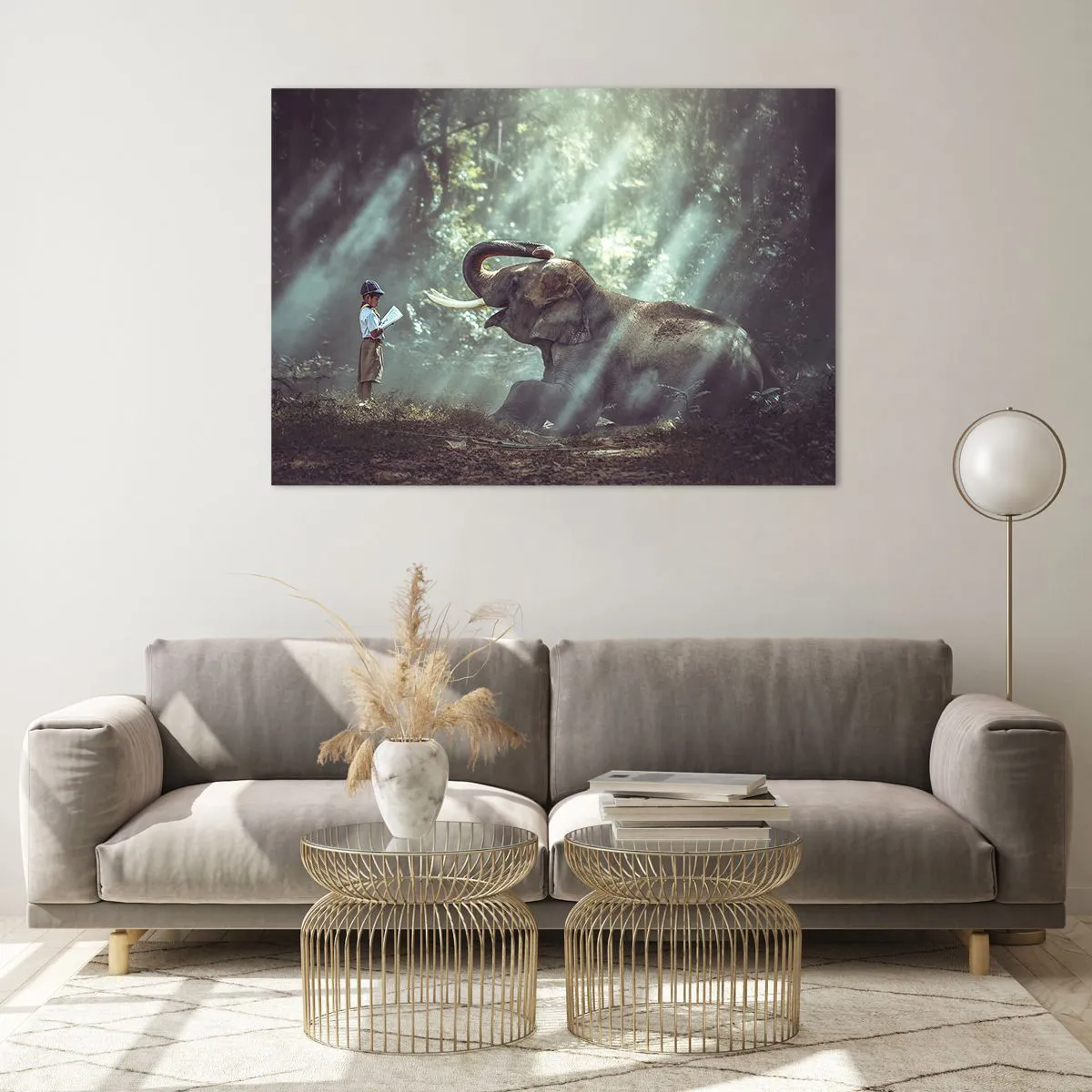 Cuadro sobre vidrio - Impresiones sobre Vidrio - Un niño con un libro y un elefante en un entorno forestal. - 100x70cm - Y escucha esto... - Decoración de pared moderna para salón y dormitorio ARTTOR