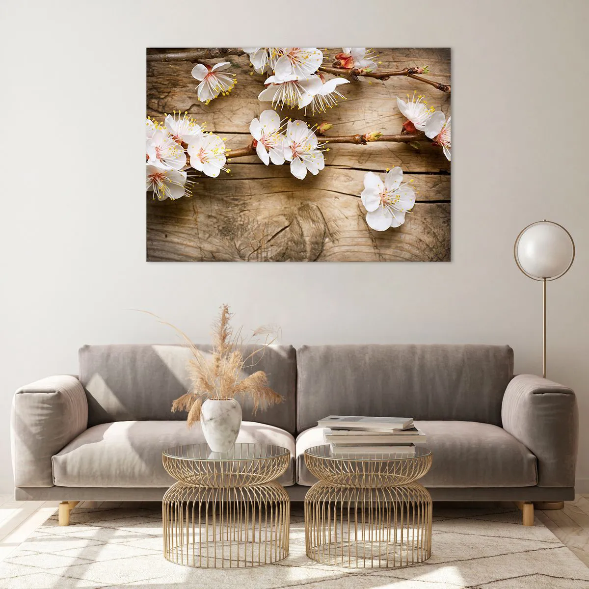 Quadro su vetro - Rami di ciliegi in fiore su uno sfondo di legno - 100x70cm - Ed è giunta la primavera - Decorazione murale moderna per soggiorno e camera da letto ARTTOR