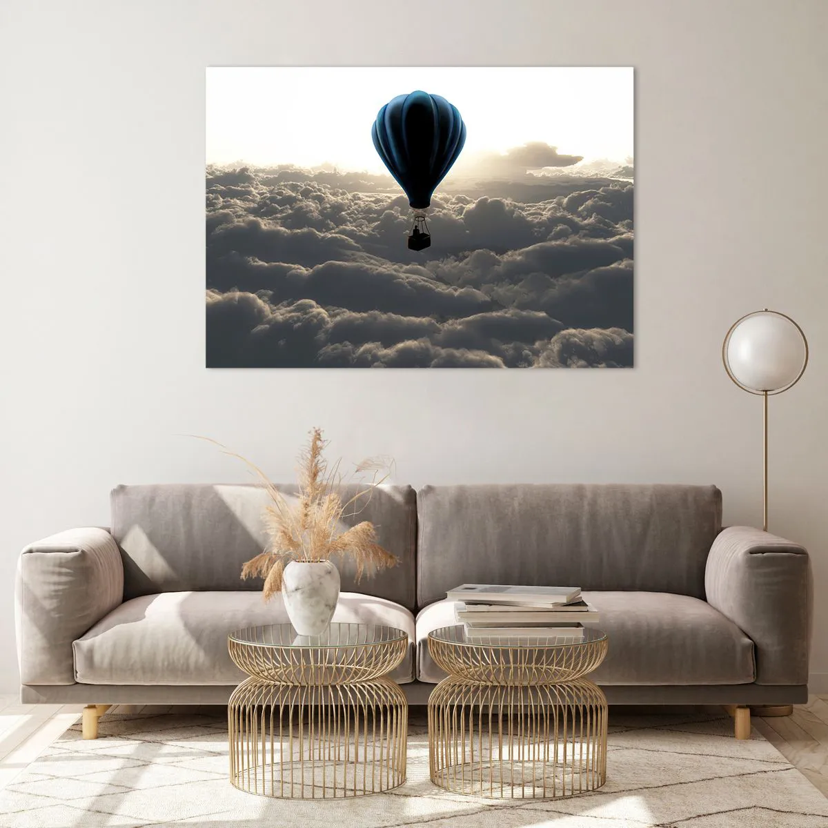 Quadro su vetro - Un pallone che fluttua sopra le nuvole all'alba - 100x70cm - Viaggiatore sopra le nuvole - Decorazione murale moderna per soggiorno e camera da letto ARTTOR