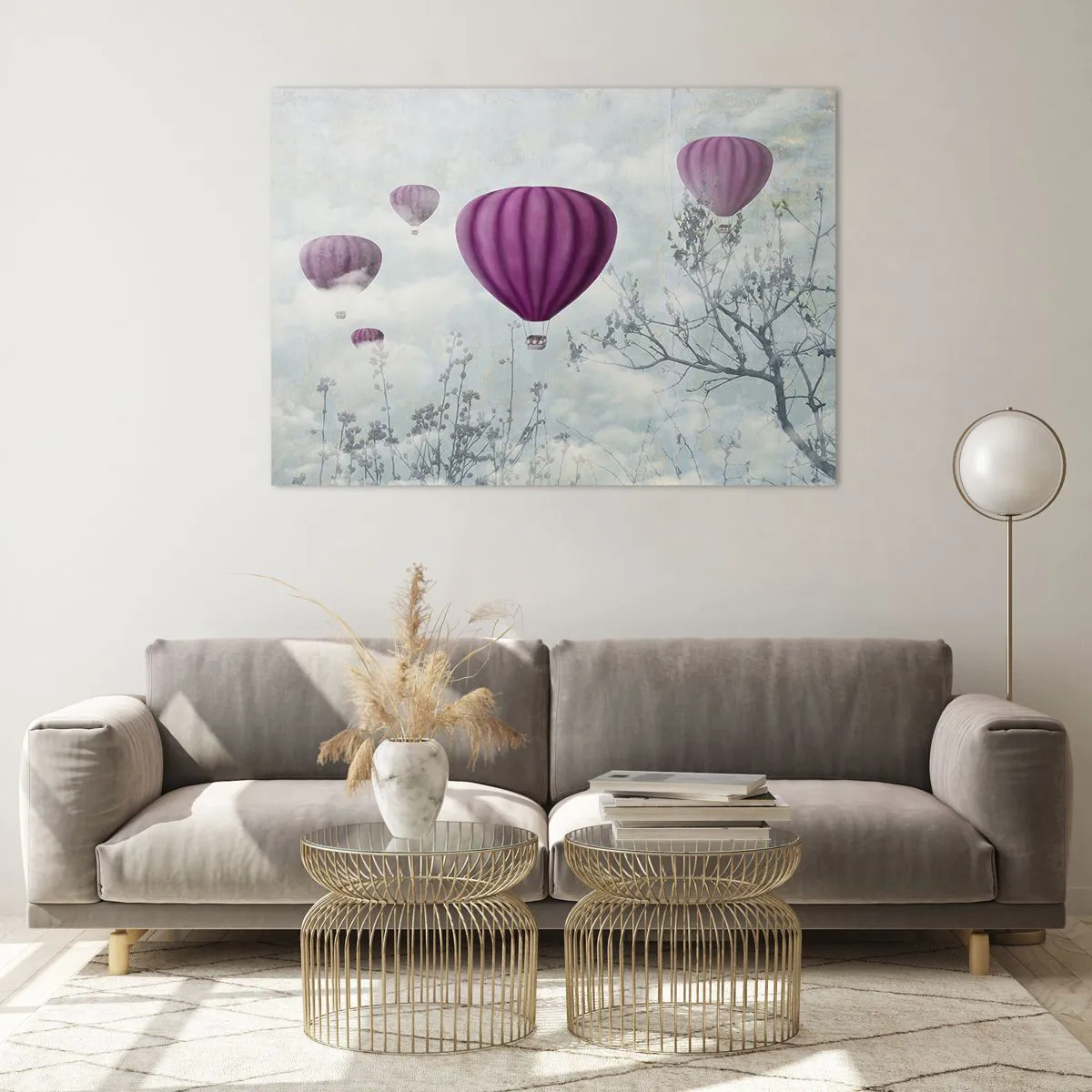 Impression sur verre - Image sur verre - Des ballons violets flottant parmi les nuages et les branches des arbres - 100x70cm - Comme des navires dans le ciel - Décoration murale moderne pour le salon et la chambre ARTTOR