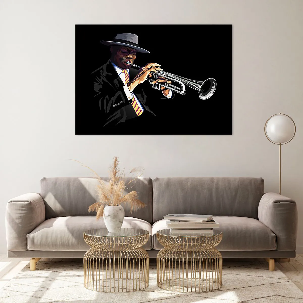 Impression sur verre - Image sur verre - Un musicien noir avec une trompette et un chapeau sur fond noir - 100x70cm - Le charme de la vieille école - Décoration murale moderne pour le salon et la chambre ARTTOR
