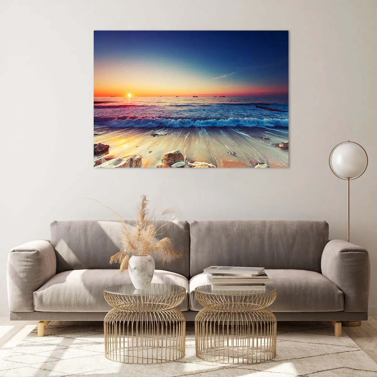 Impression sur verre - Image sur verre - Coucher de soleil sur la plage avec des vagues douces et une mer calme - 100x70cm - Mais quel horizon ? - Décoration murale moderne pour le salon et la chambre ARTTOR