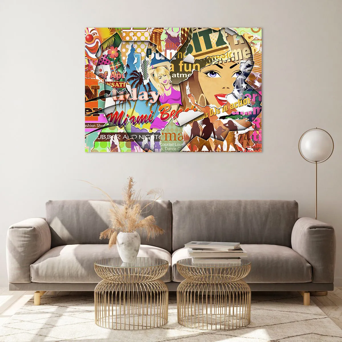 Obraz na szkle - Kolorowy kolaż retro z plakatami i grafiką - 100x70cm - Wakacyjne retrospekcje - Nowoczesna dekoracja ścienna do salonu, kuchni i sypialni ARTTOR