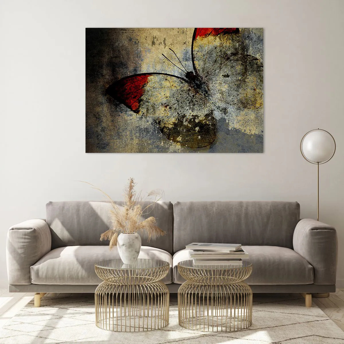 Cuadro sobre vidrio - Impresiones sobre Vidrio - Mariposa abstracta sobre un fondo envejecido - 100x70cm - Mira antes de que desaparezca - Decoración de pared moderna para salón y dormitorio ARTTOR