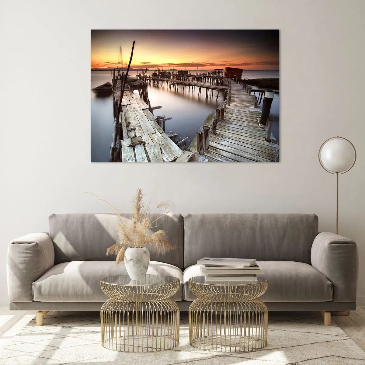 Obraz na szkle - Drewniane pomosty o zachodzie słońca nad spokojnym jeziorem - 100x70cm - Autentyk, nie turystyczna atrapa - Nowoczesna dekoracja ścienna do salonu, kuchni i sypialni ARTTOR