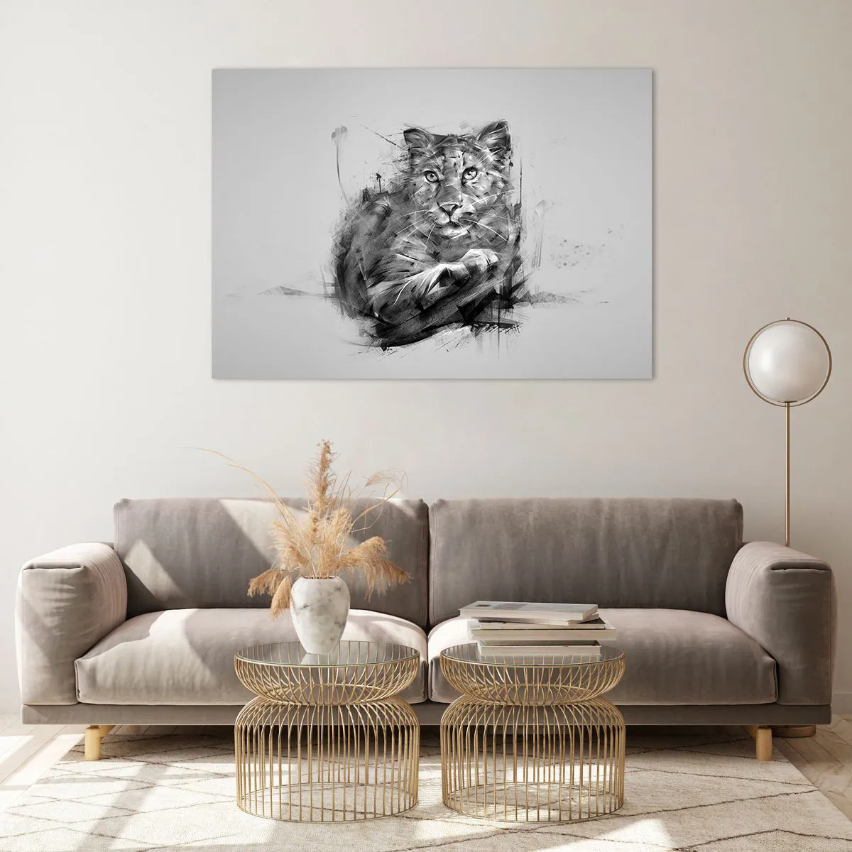 Impression sur verre - Image sur verre - Un dessin d'un tigre dans un style monochrome sur un fond clair - 100x70cm - Oui, j'écoute attentivement - Décoration murale moderne pour le salon et la chambre ARTTOR