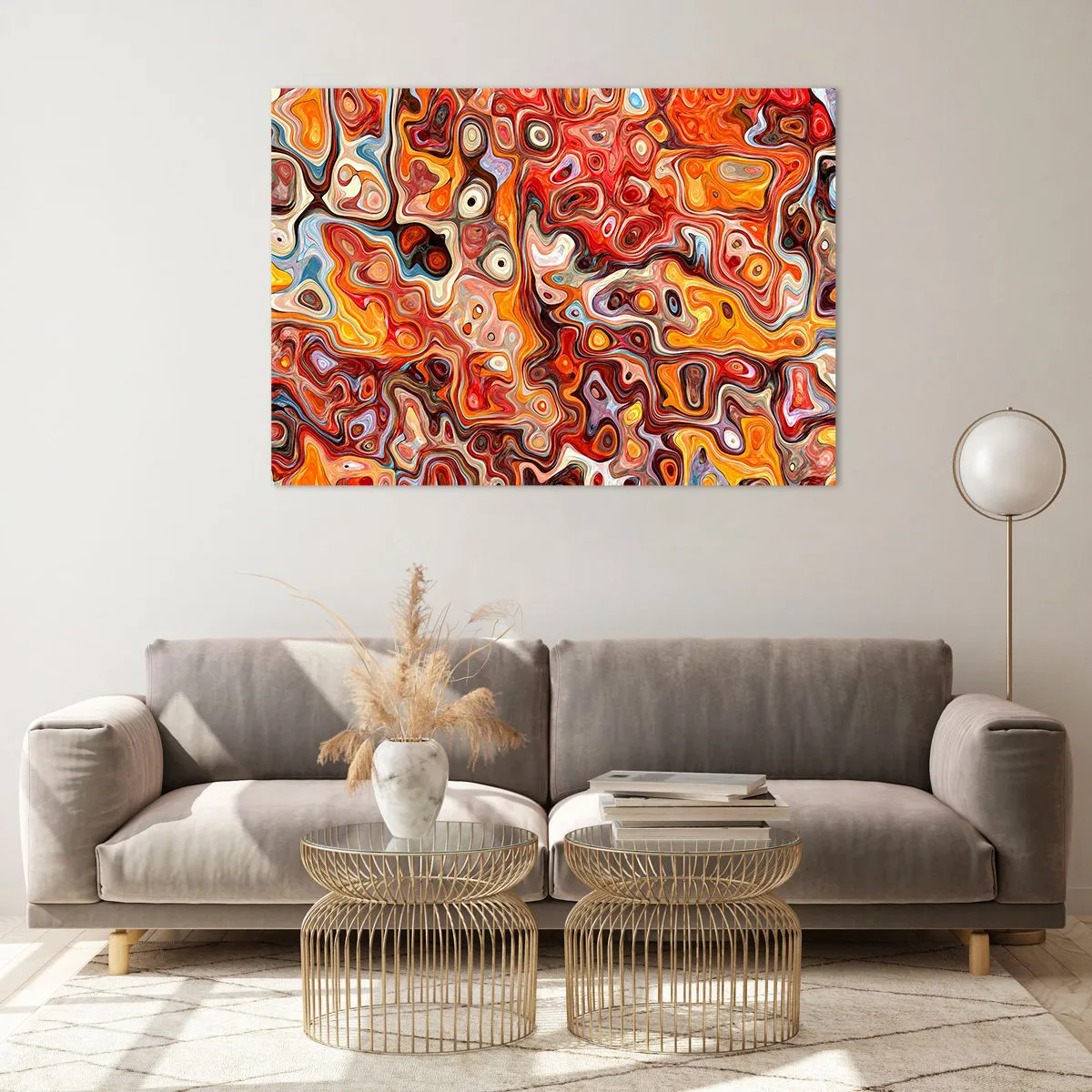 Cuadro sobre vidrio - Impresiones sobre Vidrio - Composición abstracta en tonos naranja y rojo. - 100x70cm - Si las nueces se derritieran en la miel - Decoración de pared moderna para salón y dormitorio ARTTOR