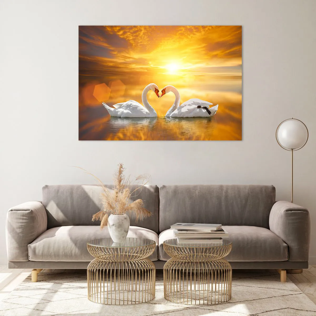 Cuadro sobre vidrio - Impresiones sobre Vidrio - Dos cisnes en el agua formando un corazón con el telón de fondo de una puesta de sol. - 100x70cm - Corazón es la palabra más bella del mundo... - Decoración de pared moderna para salón y dormitorio ARTTOR