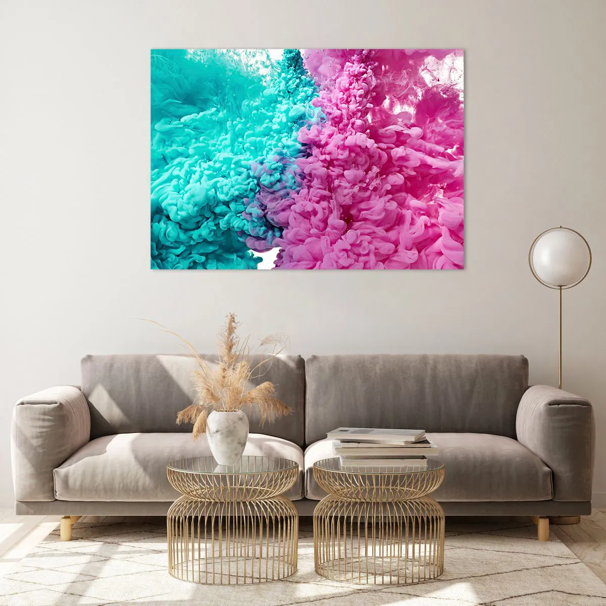 Glasbild - Bild auf glas - Bunte Tintenwolken in Pink und Türkis - 100x70cm - Letzte Begegnung - Moderne Wanddekoration für Wohnzimmer und Schlafzimmer ARTTOR