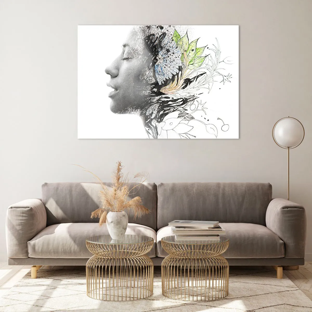 Impression sur verre - Image sur verre - Profil de femme avec des motifs de la nature dans un style monochrome - 100x70cm - Immergé dans la nature - Décoration murale moderne pour le salon et la chambre ARTTOR