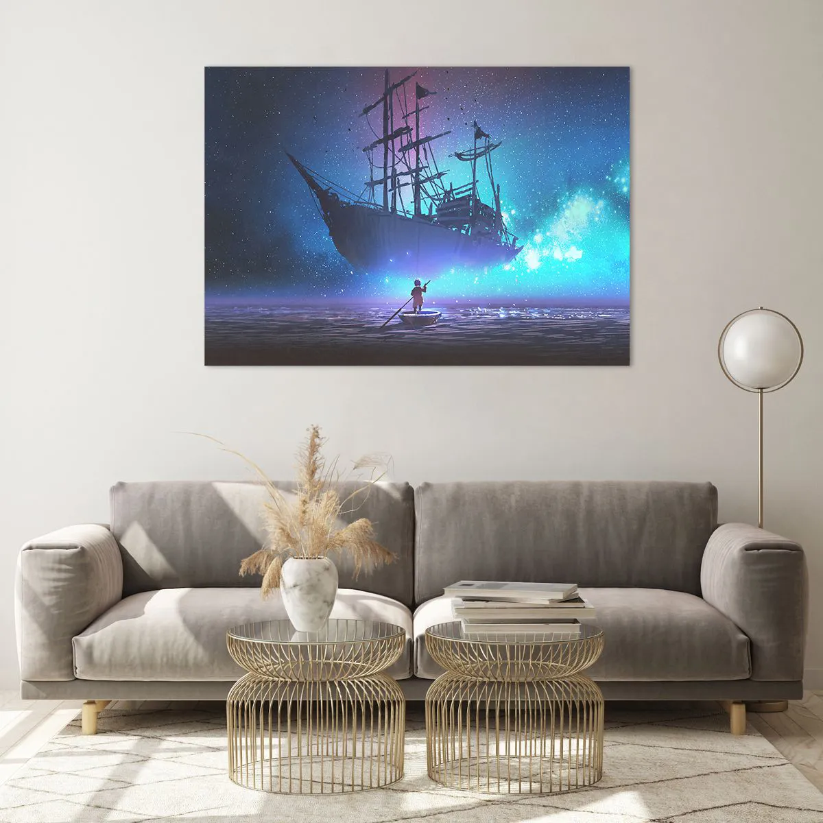 Glasbild - Bild auf glas - Ein Nachtschiff, das in einer magischen Aura über dem Wasser schwebt - 100x70cm - Begegnung mit dem Mythos des Meeres - Moderne Wanddekoration für Wohnzimmer und Schlafzimmer ARTTOR