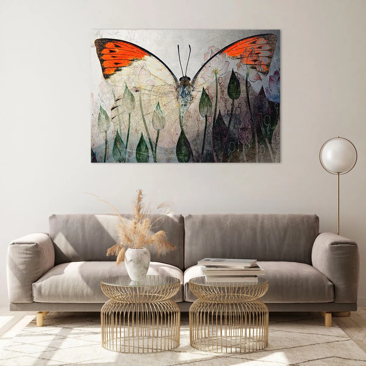 Tablou pe sticlă - Unde fluturele se leagănă pe iarbă - 100x70 cm