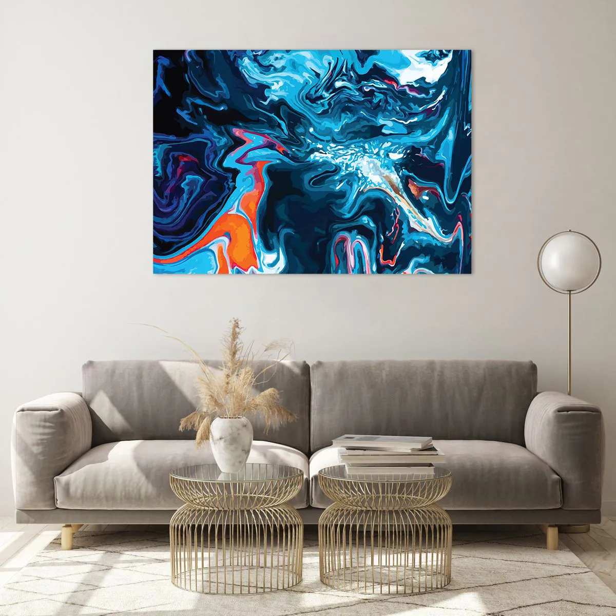 Glasbild - Bild auf glas - Ein abstraktes Muster in Blautönen mit Akzenten in Rot und Weiß. - 100x70cm - Reise ins Zentrum des Himmels - Moderne Wanddekoration für Wohnzimmer und Schlafzimmer ARTTOR