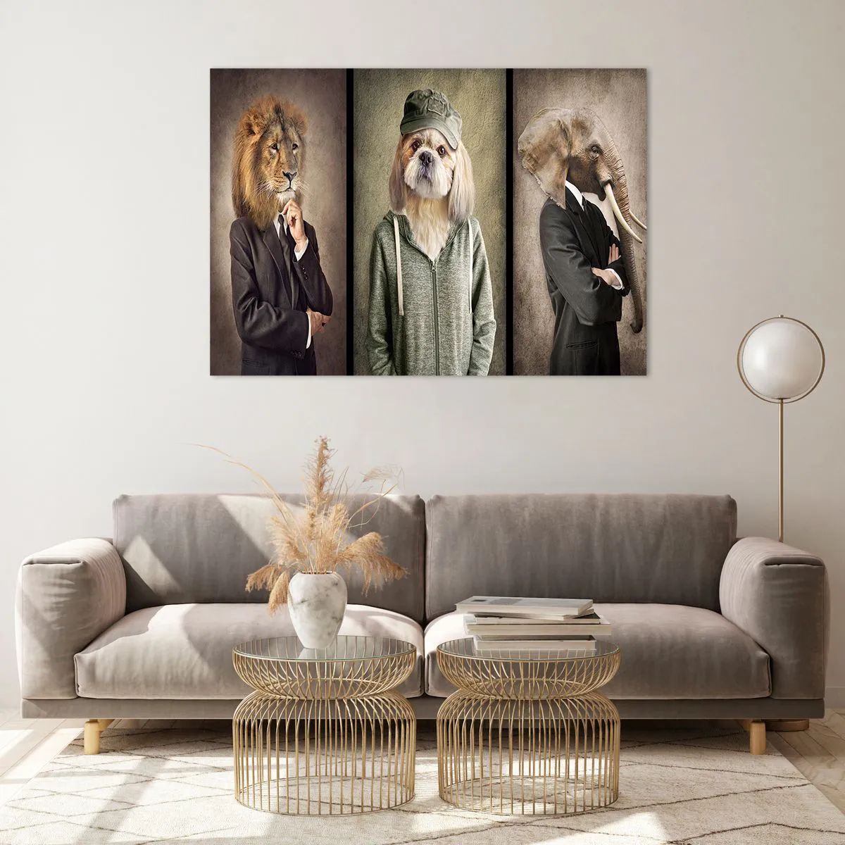 Cuadro sobre vidrio - Impresiones sobre Vidrio - Tres animales en varios estilos, desde elegantes hasta casuales. - 100x70cm - Prefiero tomármelo con calma - Decoración de pared moderna para salón y dormitorio ARTTOR