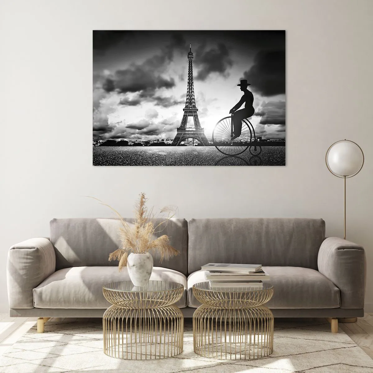 Cuadro sobre vidrio - Impresiones sobre Vidrio - Torre Eiffel con bicicleta retro en blanco y negro - 100x70cm - Añoranza de la Belle Epoque - Decoración de pared moderna para salón y dormitorio ARTTOR