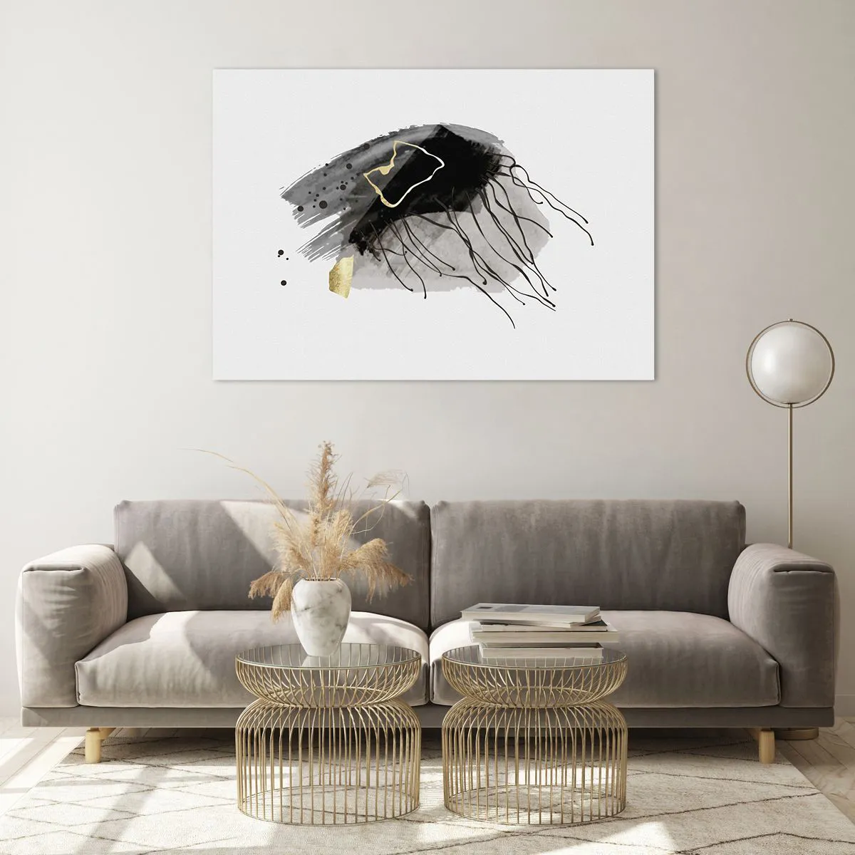 Glasbild - Bild auf glas - Abstrakte Komposition aus Schwarz und Gold auf weißem Hintergrund - 100x70cm - In Schwarz und Gold - Moderne Wanddekoration für Wohnzimmer und Schlafzimmer ARTTOR