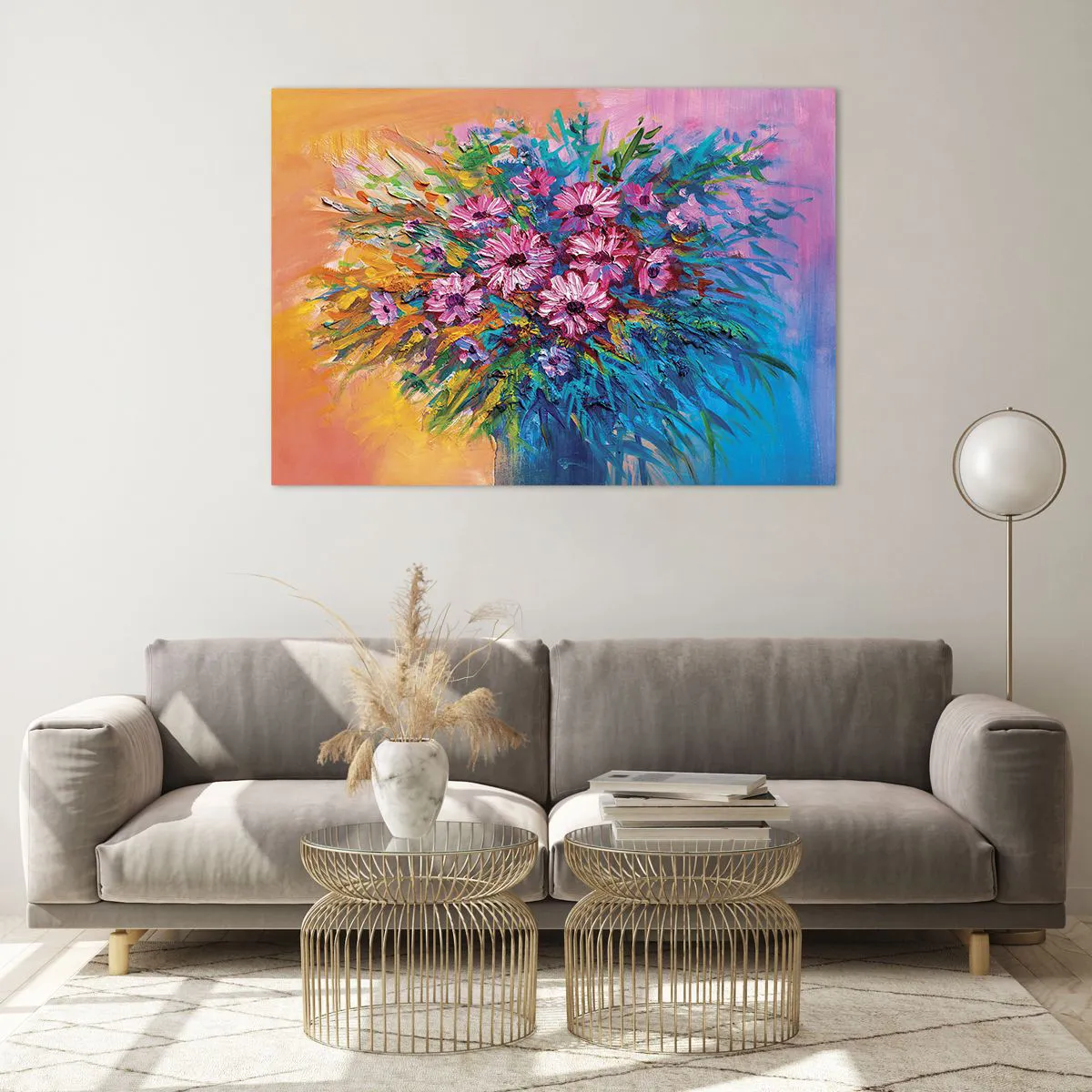Impression sur verre - Image sur verre - Un bouquet de fleurs roses dans une composition artistique et colorée - 100x70cm - Énergie de la vie - Décoration murale moderne pour le salon et la chambre ARTTOR
