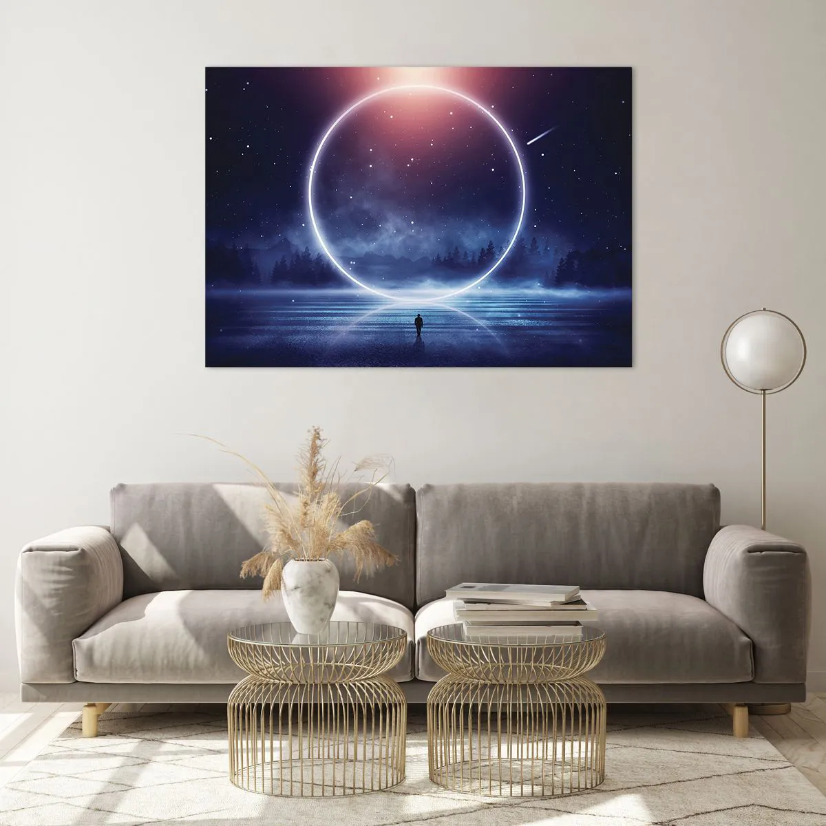 Impression sur verre - Image sur verre - Un cercle de lumière au-dessus du lac parmi le ciel nocturne et la forêt - 100x70cm - Ils sont déjà là... - Décoration murale moderne pour le salon et la chambre ARTTOR