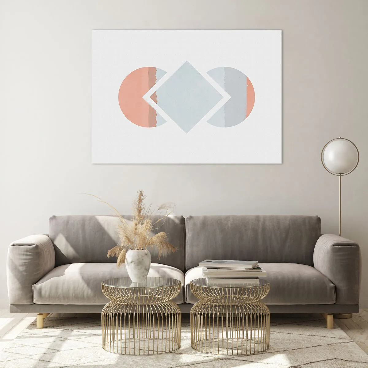 Cuadro sobre vidrio - Impresiones sobre Vidrio - Un rombo pastel en el centro entre los semicírculos sobre un fondo blanco. - 100x70cm - Arte geométrico - Decoración de pared moderna para salón y dormitorio ARTTOR