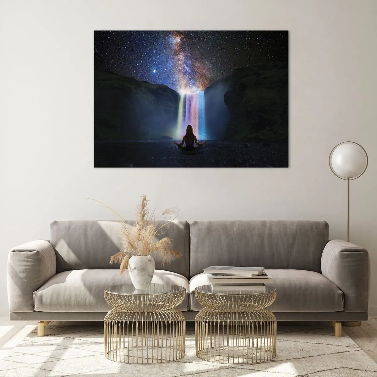 Glasbild - Bild auf glas - Meditation vor einem farbenfrohen Wasserfall bei Nacht - 100x70cm - Absolute Harmonie - Moderne Wanddekoration für Wohnzimmer und Schlafzimmer ARTTOR