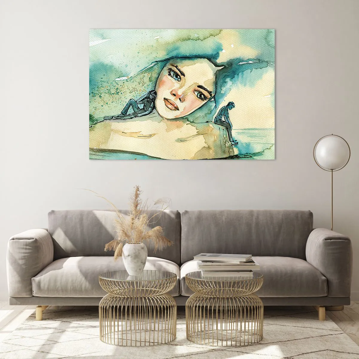 Obraz na szkle - Portret kobiety w akwarelowym stylu z sylwetkami postaci - 100x70cm - Am I blue? - Nowoczesna dekoracja ścienna do salonu, kuchni i sypialni ARTTOR