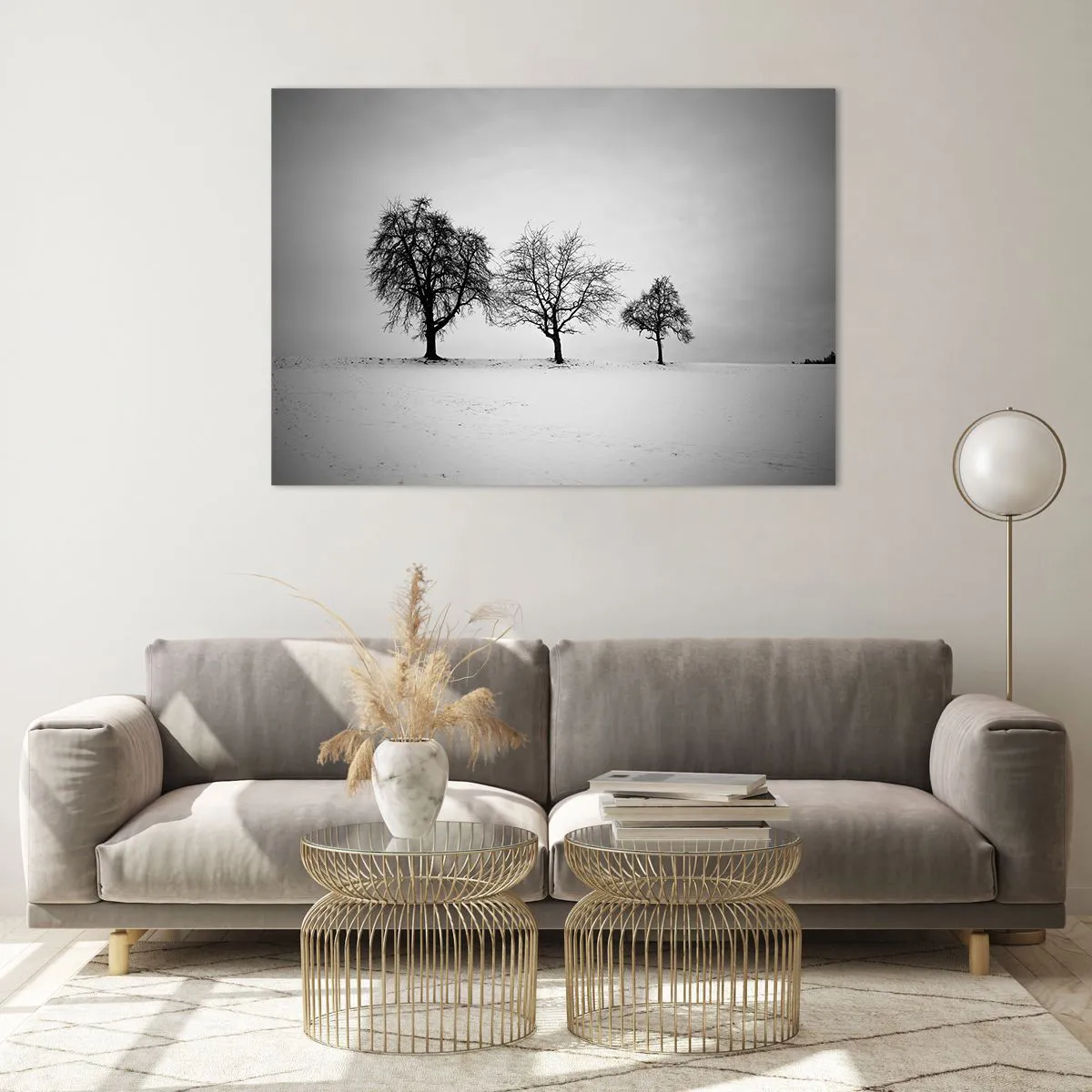 Glasbild - Bild auf glas - Drei einsame Bäume in einer schneebedeckten Gegend - 100x70cm - Wovon träumen sie? - Moderne Wanddekoration für Wohnzimmer und Schlafzimmer ARTTOR