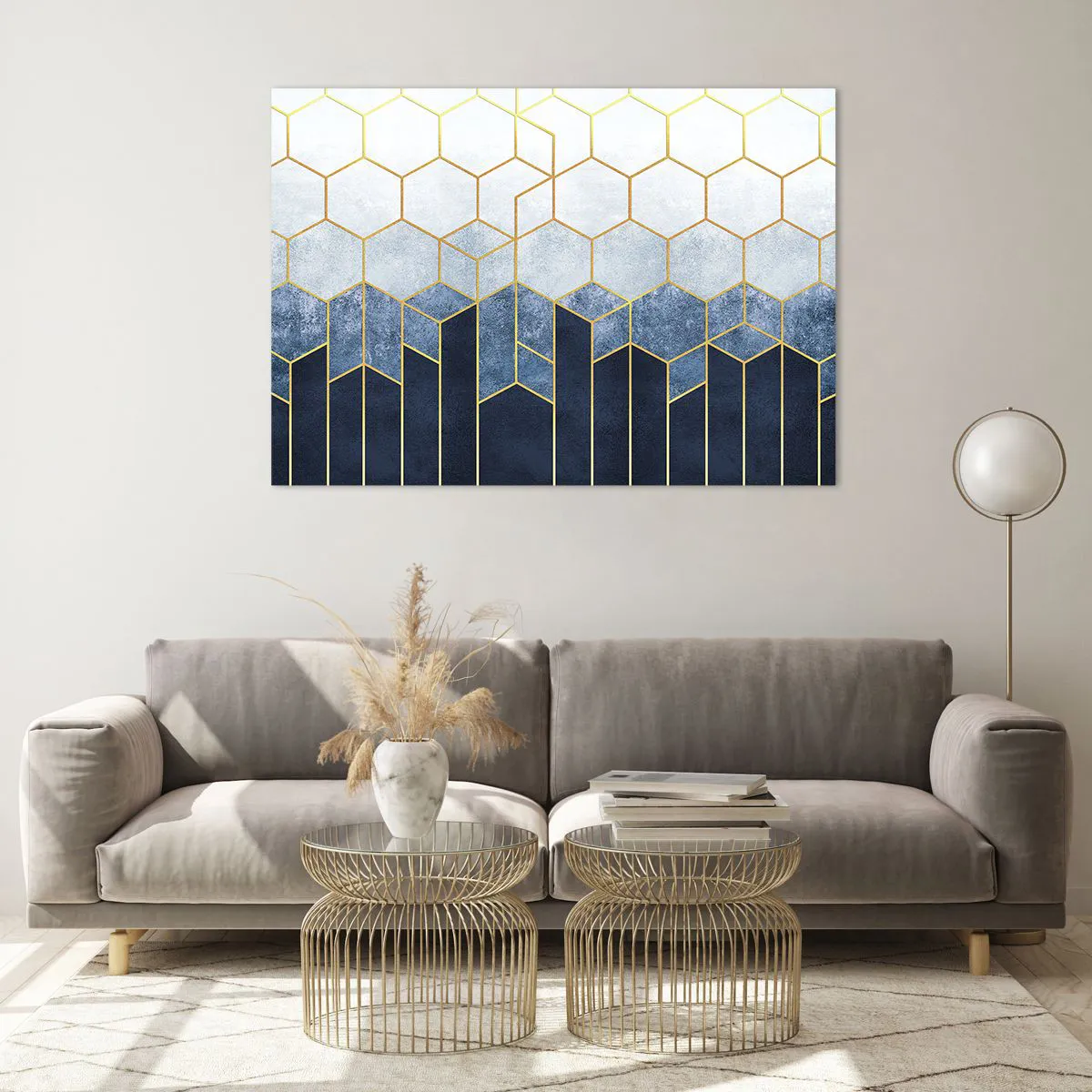 Cuadro sobre vidrio - Impresiones sobre Vidrio - Patrón geométrico en colores dorado y azul marino. - 100x70cm - Composición rítmica visual - Decoración de pared moderna para salón y dormitorio ARTTOR