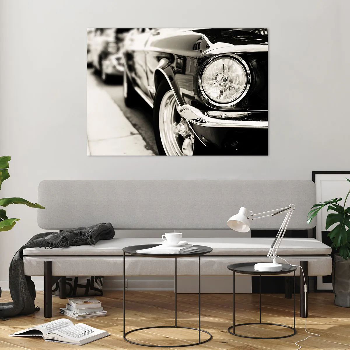 Quadro su vetro - Primo piano della parte anteriore di un'auto d'epoca in seppia - 100x70cm - Bellezza intramontabile - Decorazione murale moderna per soggiorno e camera da letto ARTTOR