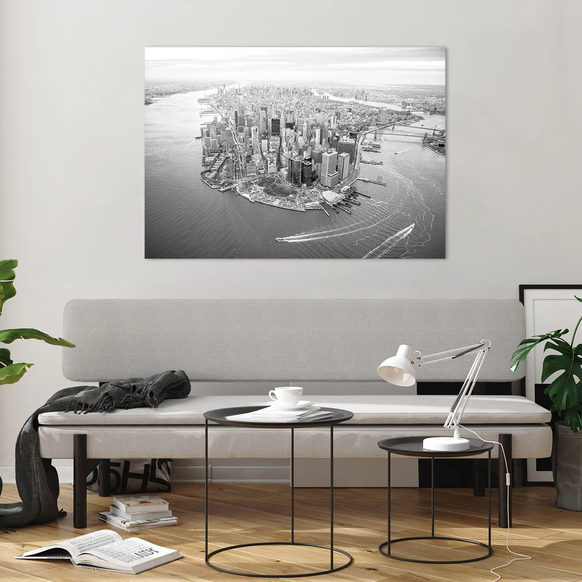 Quadro su vetro - Una vista a volo d'uccello della città in bianco e nero - 100x70cm - Come non amarla? - Decorazione murale moderna per soggiorno e camera da letto ARTTOR