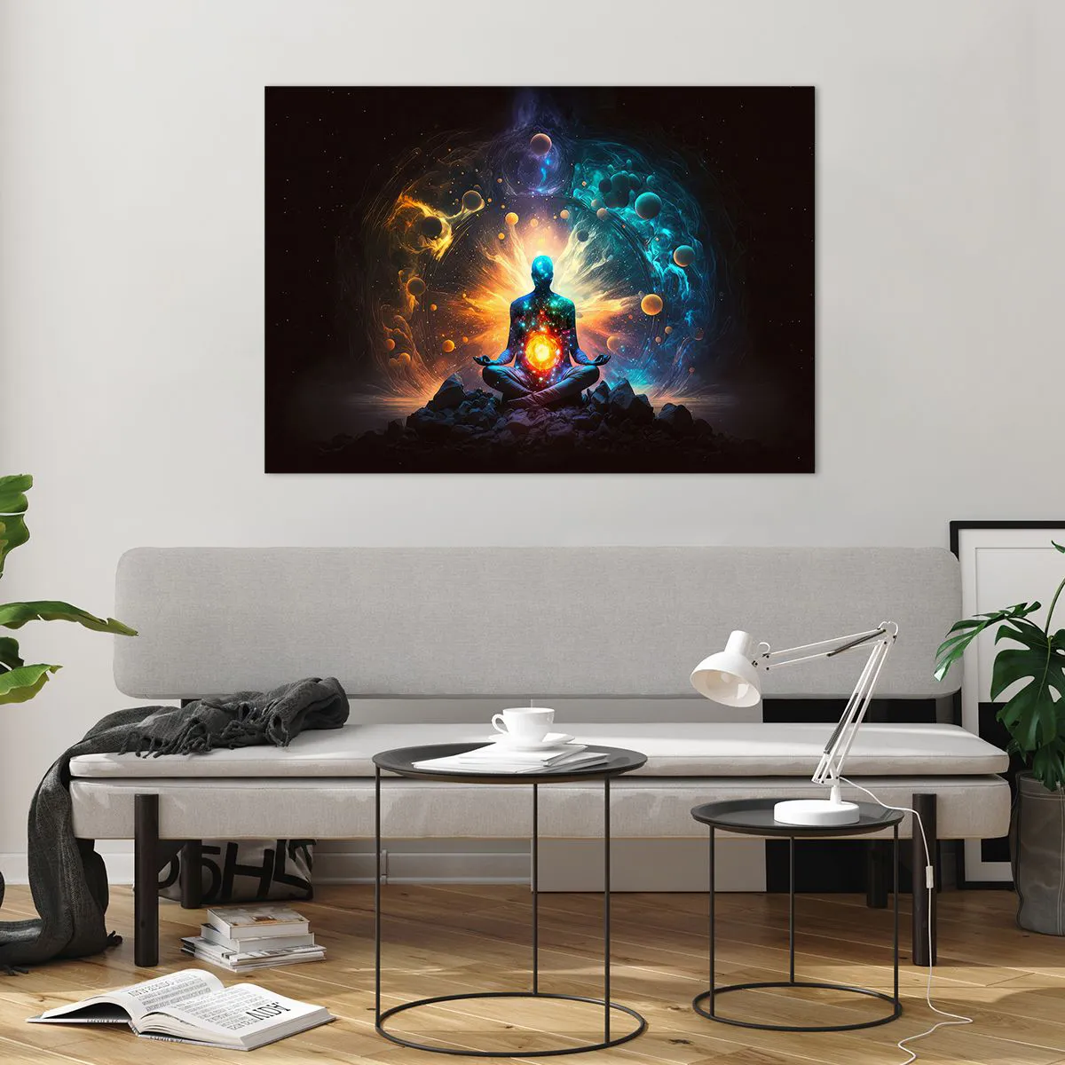 Glasbild - Bild auf glas - Eine meditierende Silhouette in einer kosmischen Farbexplosion - 100x70cm - Kosmischer Frieden - Moderne Wanddekoration für Wohnzimmer und Schlafzimmer ARTTOR