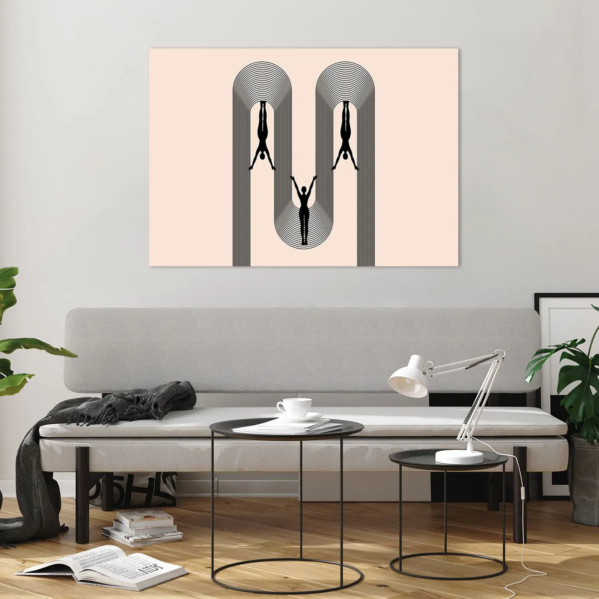 Impression sur verre - Image sur verre - Silhouettes noires de personnages suspendus dans des arcs rythmiques - 100x70cm - Les jambes en l’air - Décoration murale moderne pour le salon et la chambre ARTTOR