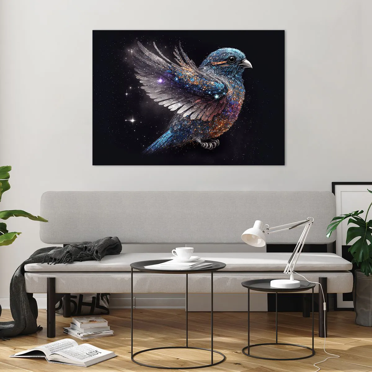 Obraz na szkle - Kosmiczny wróbel z diamentowym blaskiem - 100x70cm - Diamentowy wróbel - Nowoczesna dekoracja ścienna do salonu, kuchni i sypialni ARTTOR