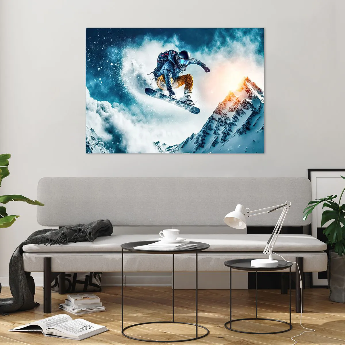 Quadro su vetro - Uno snowboarder vola sopra le montagne innevate - 100x70cm - Emozioni estreme - Decorazione murale moderna per soggiorno e camera da letto ARTTOR