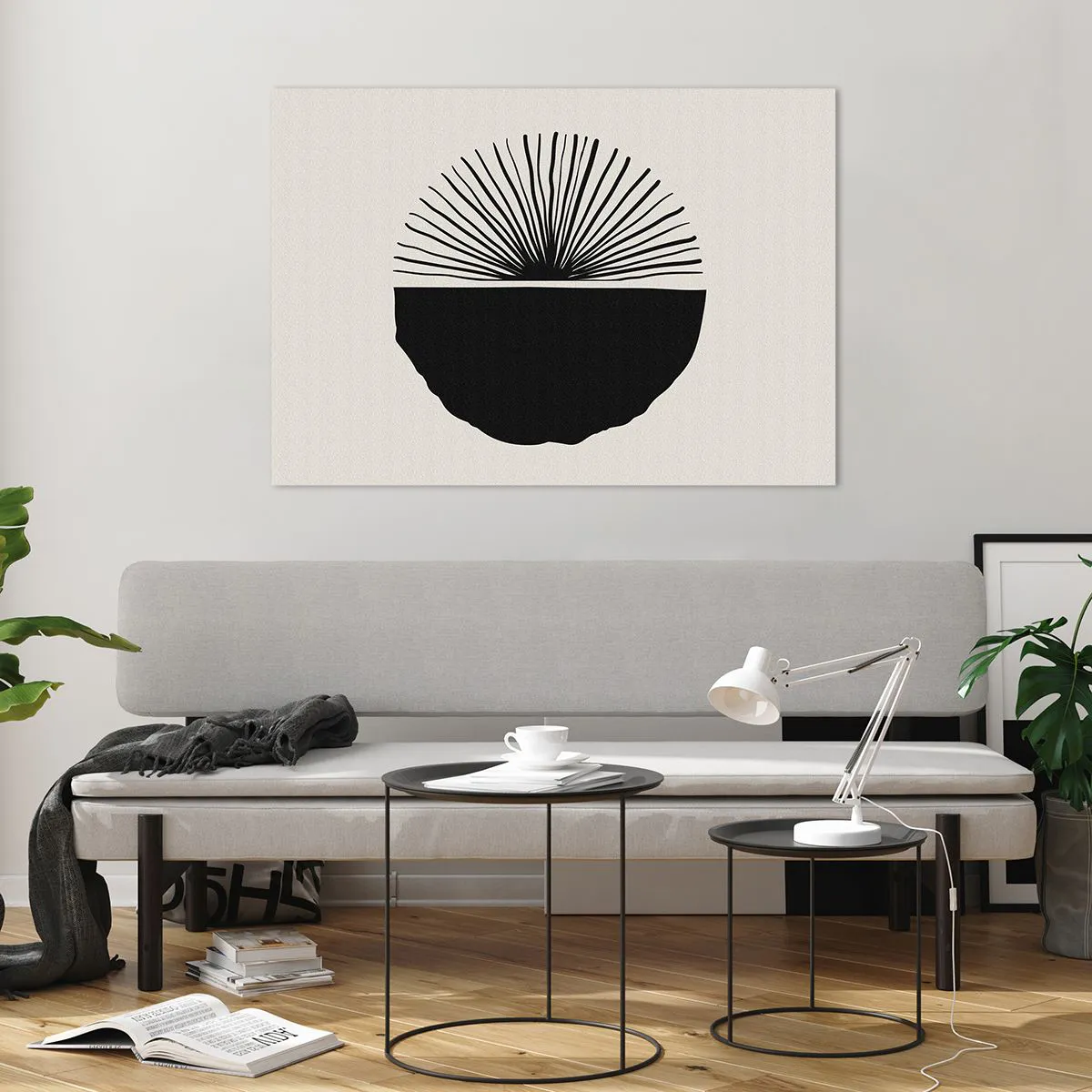 Glasbild - Bild auf glas - Eine schwarze geometrische Form mit einem Fächer aus Linien auf cremefarbenem Hintergrund. - 100x70cm - Eine Reihe von Möglichkeiten - Moderne Wanddekoration für Wohnzimmer und Schlafzimmer ARTTOR